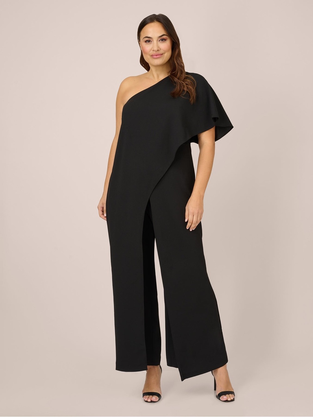 Adrianna Papell One Shoulder Jumpsuit 8 NWT Black Crepe Wide Leg Cape